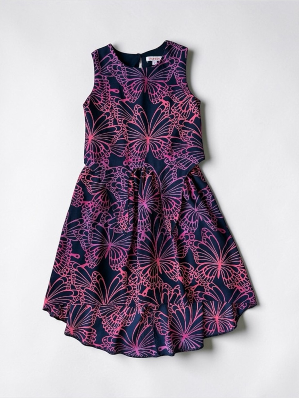 Sleeveless Navy Dress with Pink Butterfly Print for Girls